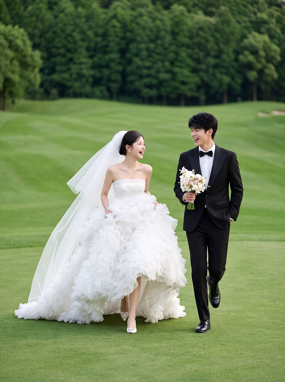 草坪上牵手漫步的婚纱客片